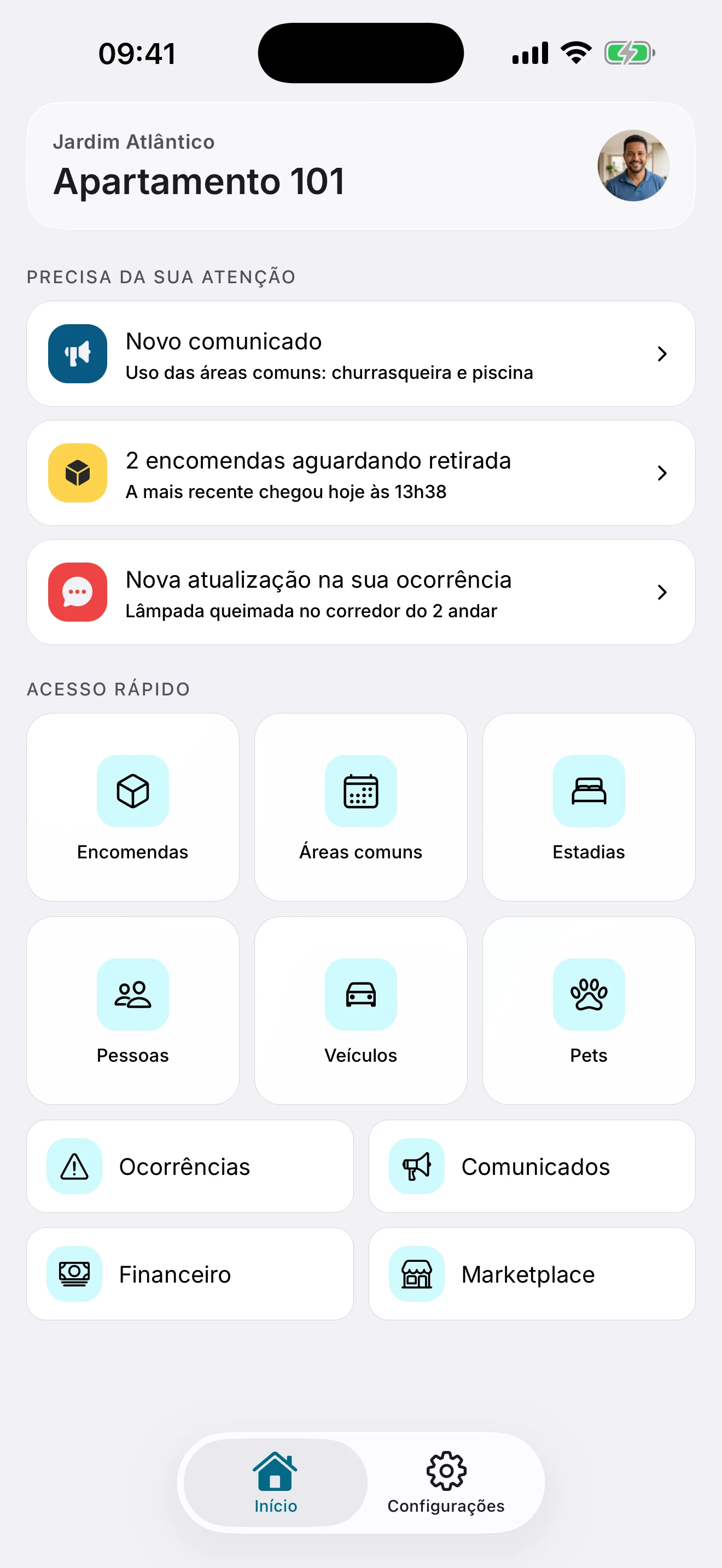 Tela do aplicativo CondoPrático para iPhone (tema claro)