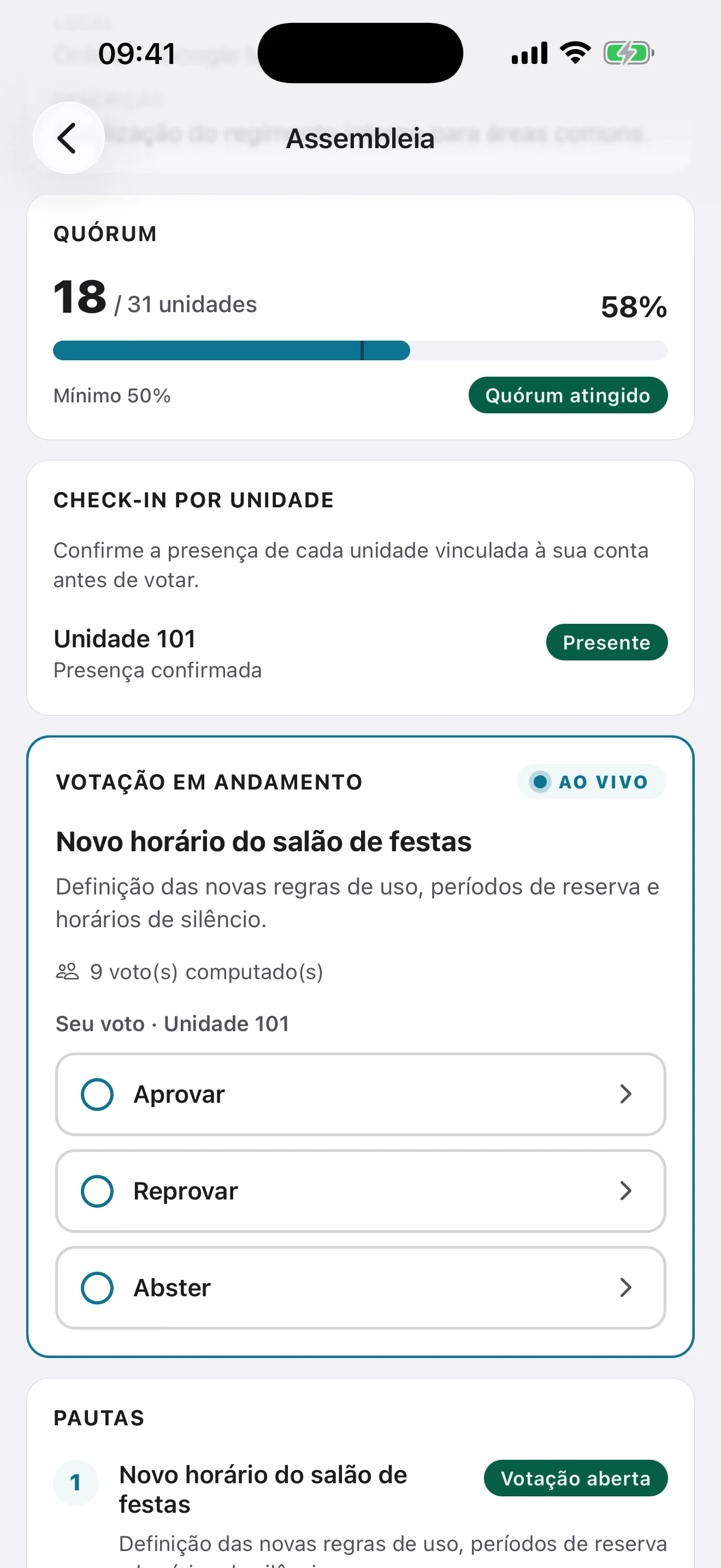 App do morador votando em uma assembleia (tema claro)