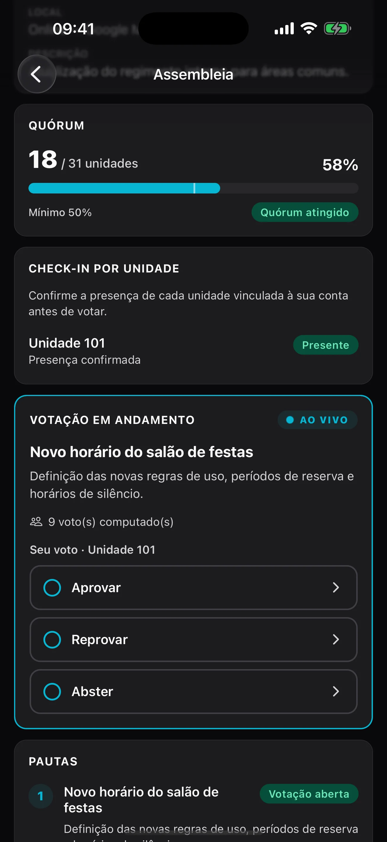 App do morador em assembleia, tema escuro