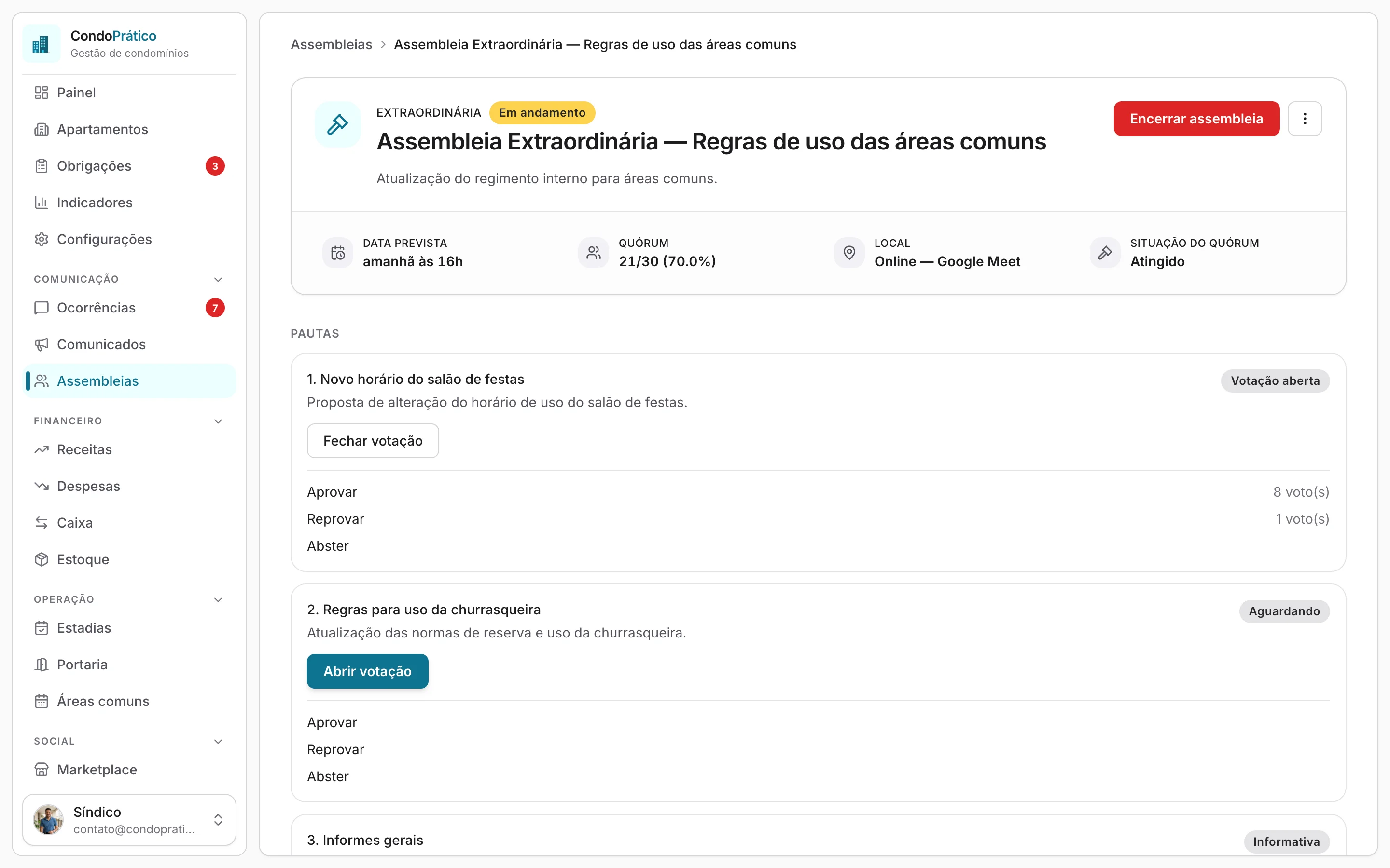 Painel de assembleias do CondoPrático (tema claro)
