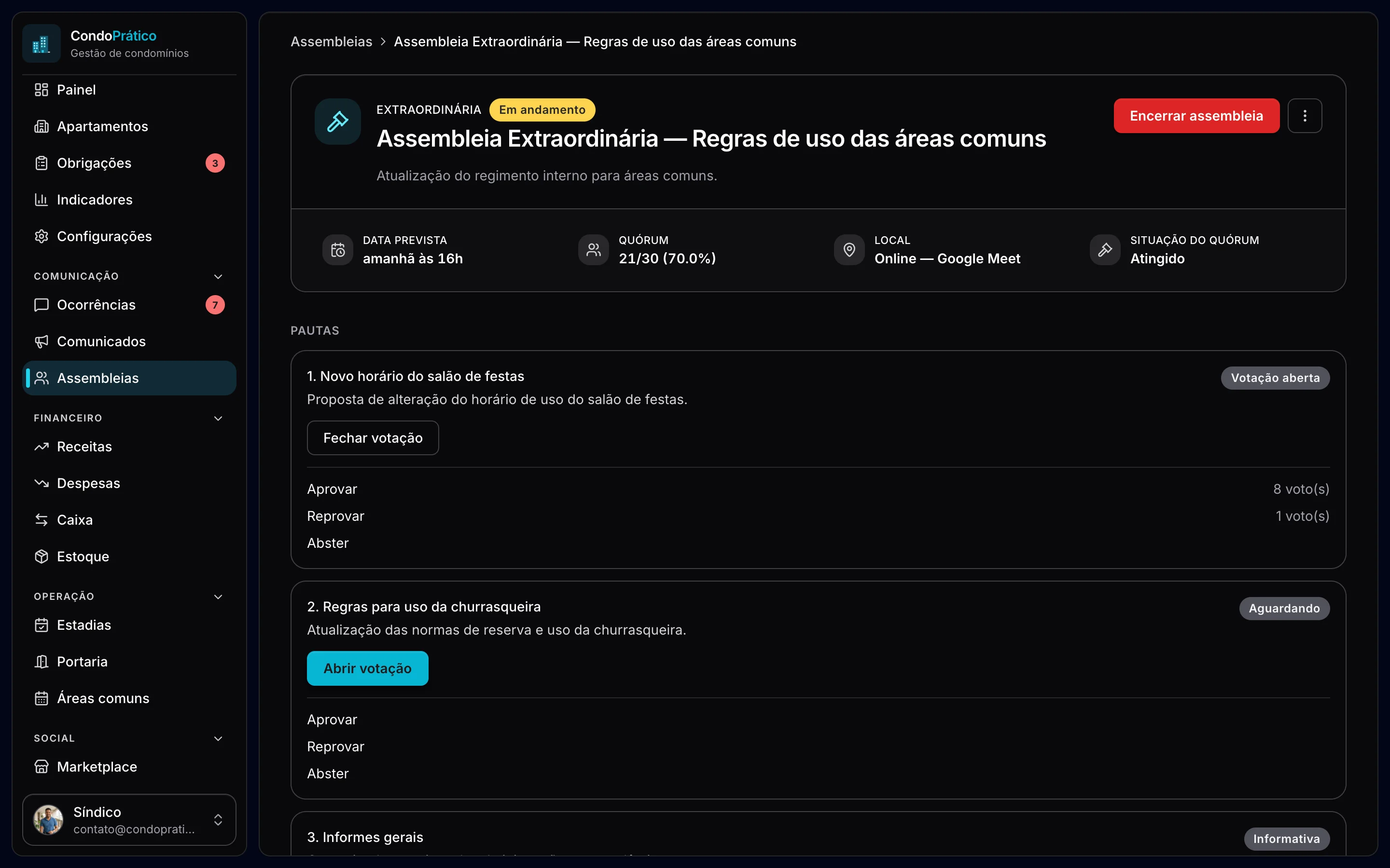 Painel de assembleias do CondoPrático, tema escuro