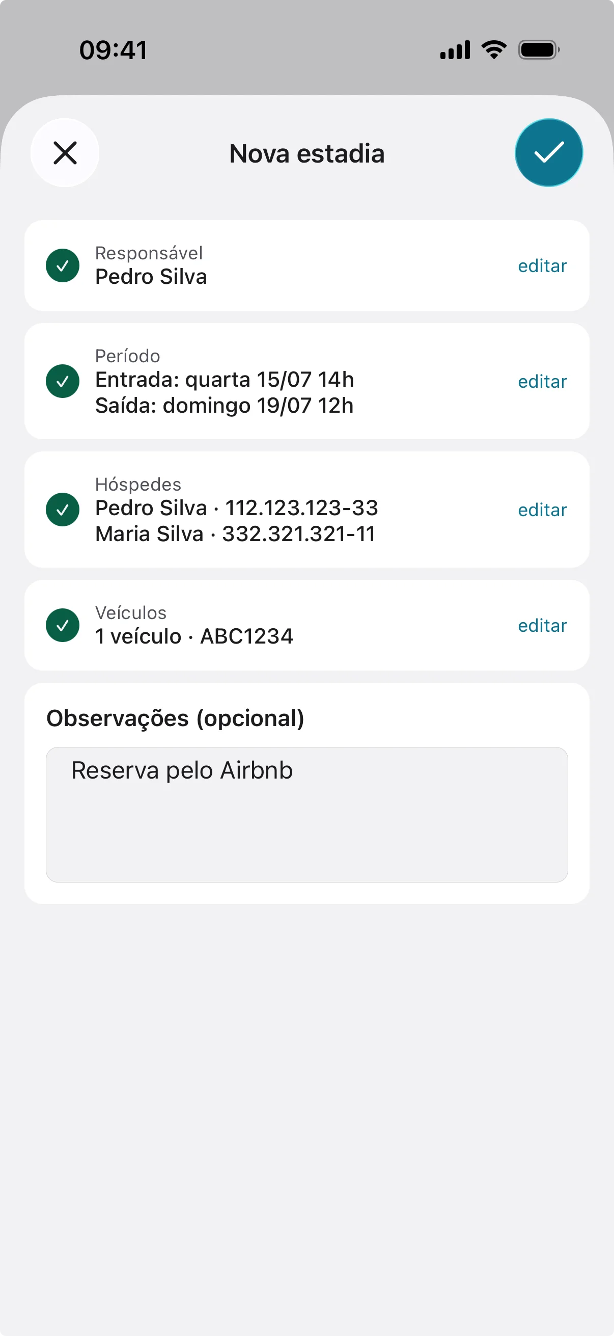 App do morador registrando uma estadia (tema claro)