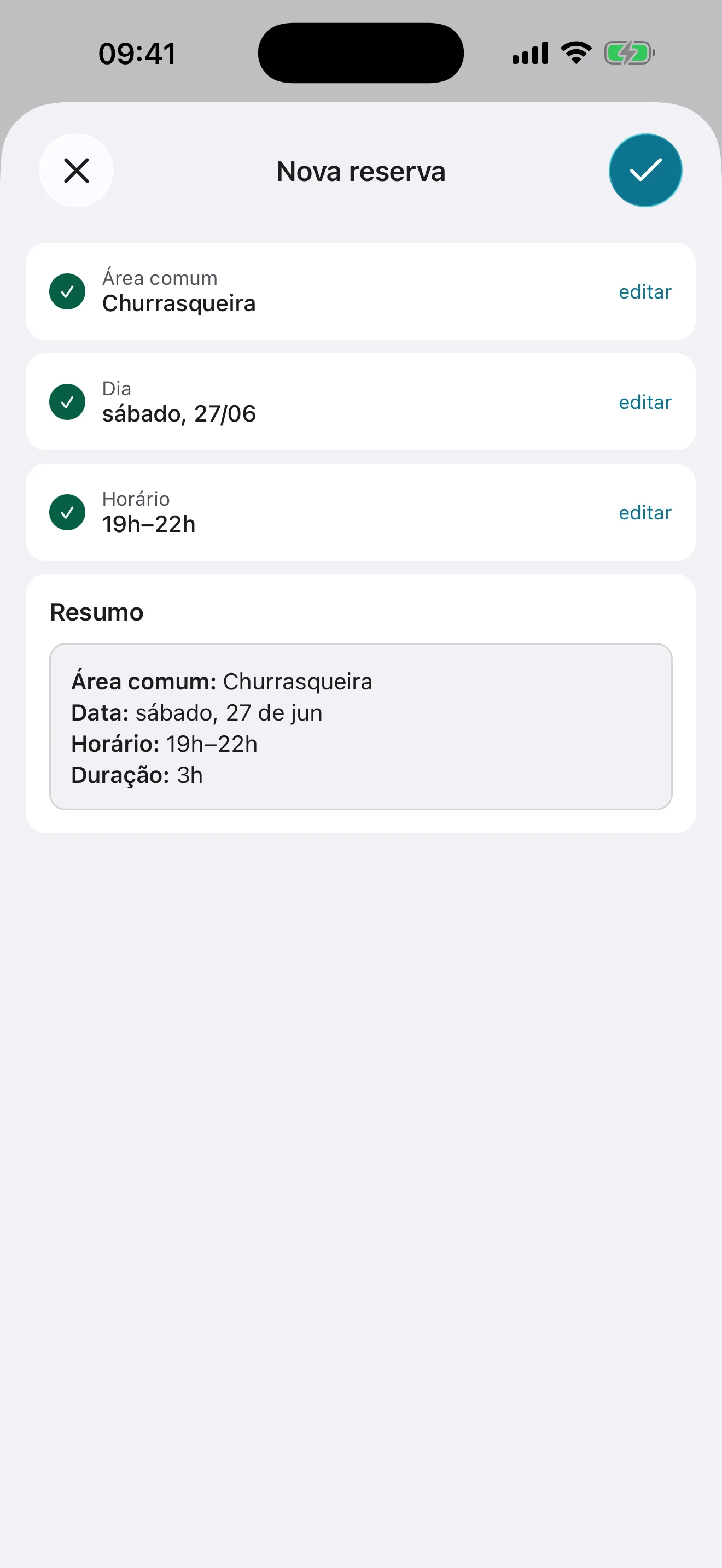 App do morador reservando uma área comum (tema claro)