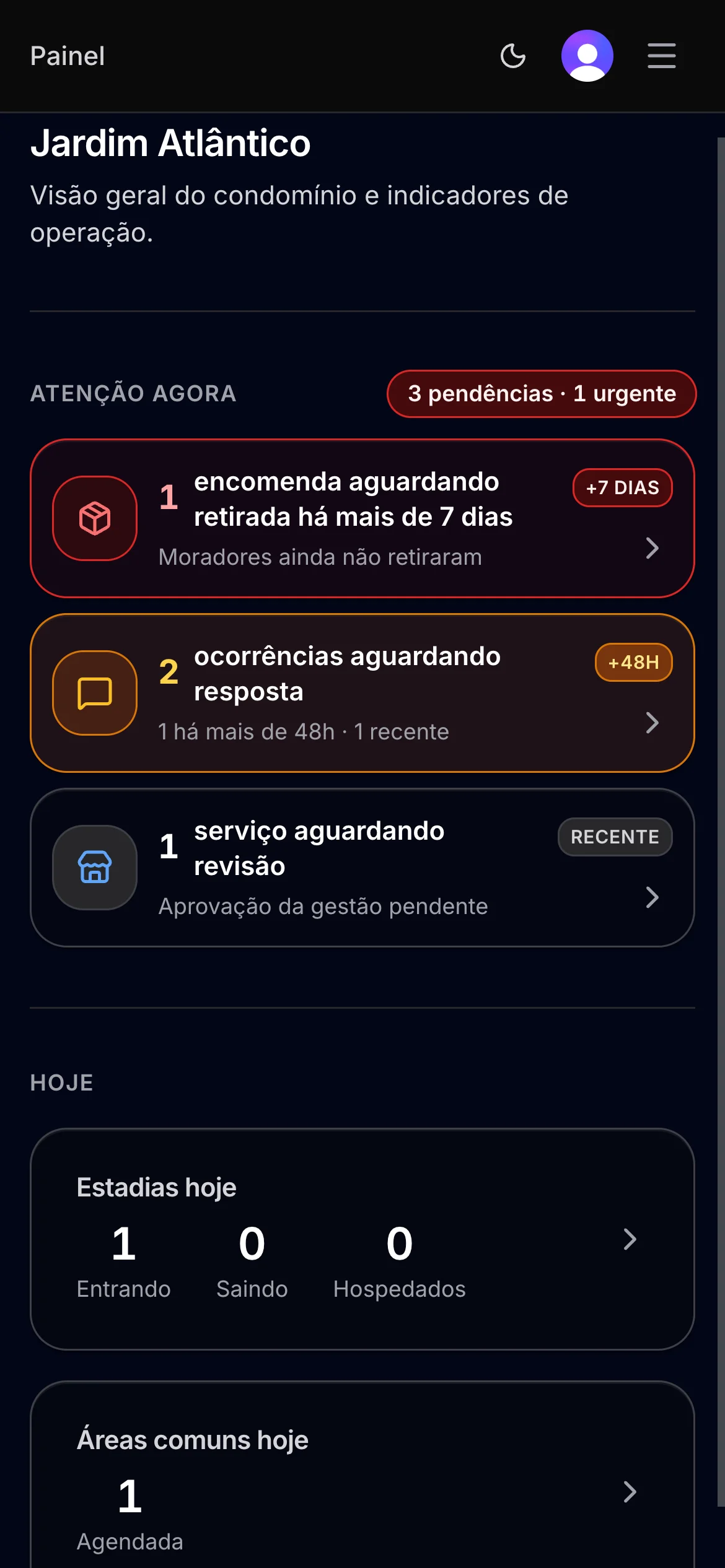 Painel do CondoPrático em celular (tema escuro)